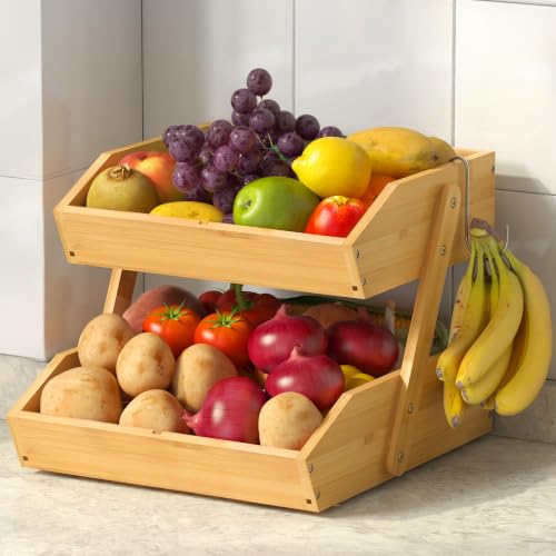Sevenblue 2-Tier Bamboo Fruit Basket with Banana Holders - Natural, Space-Saving Kitchen Organizer