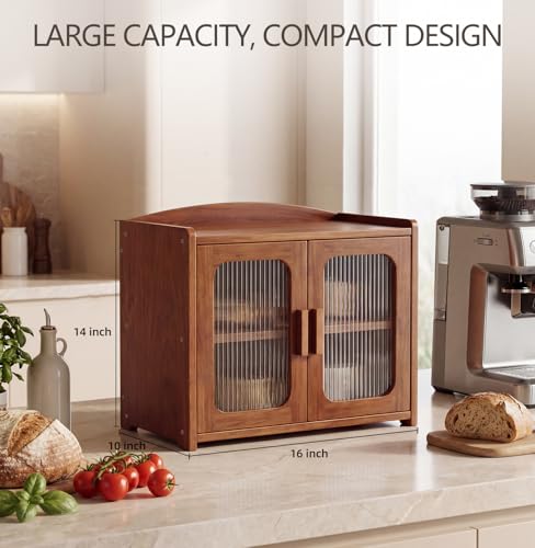 Solid Wood Bread Box with Ventilation - Walnut Brown Two-Tier Countertop Storage Cabinet
