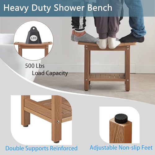 JemKelly Brown Heavy Duty Shower Bench 500LB Waterproof Poly Lumber Seat with Storage & Handrails