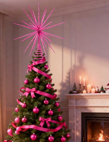Bright Pink 3D Star Christmas Tree Topper - Glitter Holiday Decoration