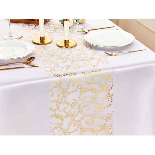 YATOJUZI Gold Table Runner,16 Ft Golden Star Sheer Chiffon Tulle Table Runner,Sequin Glitter Metallic Foil Gold Table Decorations Centerpiece for Wedding Birthday Christmas Party