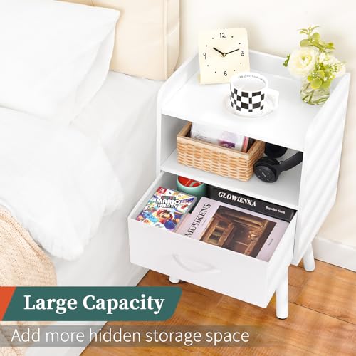 Yoobure White Modern Nightstand with Drawer & Open Shelf, 2-Tier Bedside Table