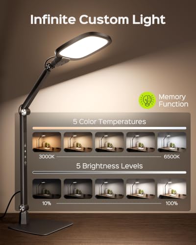 LED Desk Lamp for Home Office with 50+ Brightness Modes, Adjustable 4-Joint Swing Arm