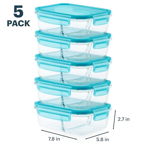 Pyrex Glass Meal Box 4-Cup Divided Containers 5-Pack with Locking Lids - BPA-Free