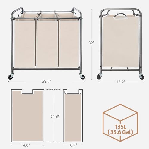 Beige 3-Section Laundry Sorter with Wheels - Storage Maniac Heavy Duty Hamper