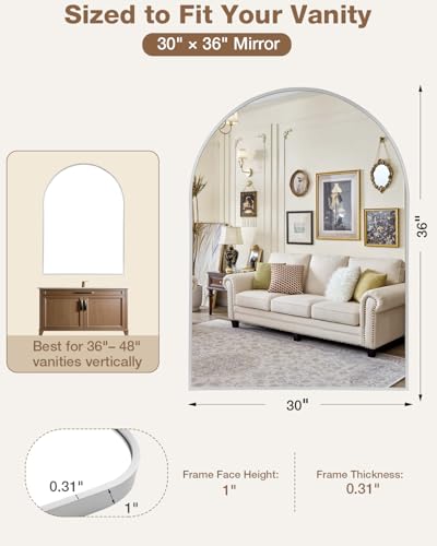 Umzodo 30x36 Arched Bathroom Vanity Mirror with Brushed Nickel Aluminum Frame - Horizontal/Vertical Mount
