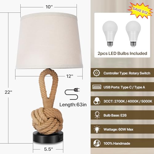 2-Pack 22-Inch Hemp Rope Bedside Lamps with USB Ports, 3-Color Temperatures, Rattan Nightstand Lights