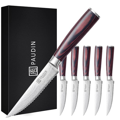 PAUDIN 4.5-Inch Steak Knives Set of 6 | Serrated High Carbon Stainless Steel