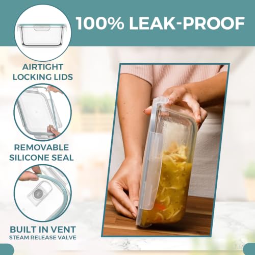 Blue Glass Food Storage Containers Set - 10 Cups / 80 Oz Airtight Locking Lids, Microwave & Dishwasher Safe