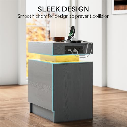 Nightstand with Charging Station & LED Light - Grey, 2 Drawers, Modern Compact