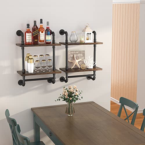 Brown 16-Inch Industrial Pipe Floating Bathroom Shelf with Towel Bar - Rustic Wall Storage