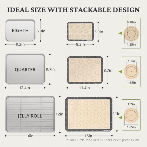 3-Piece Stainless Steel Baking Sheet Set with Racks & Mats - 16x12, 12x10, 9x7 Inches