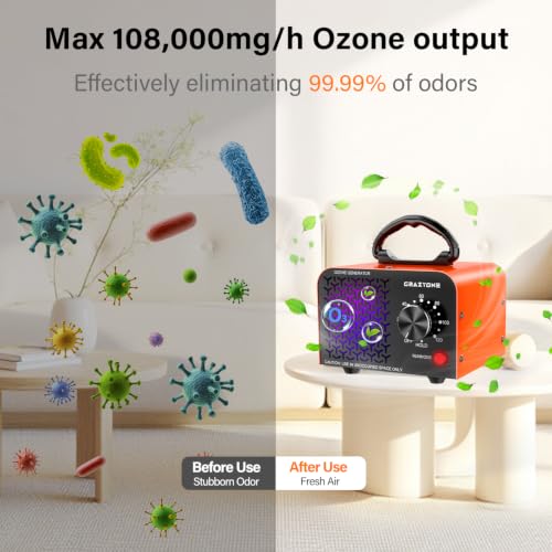 Orange Portable 2-in-1 Ozone Generator 108,000mg/h for Home & Car Odor Removal