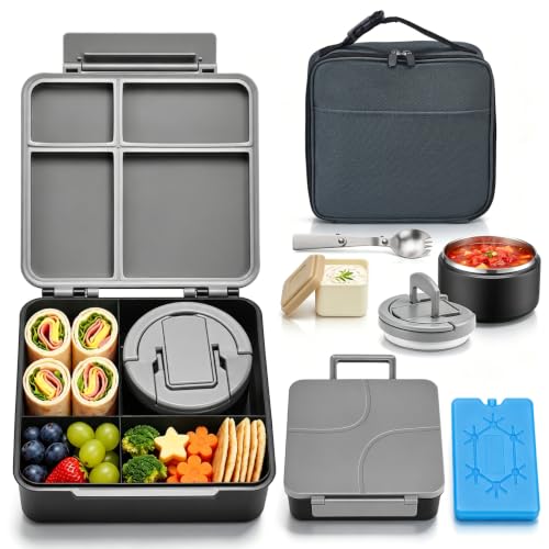 Kids Leakproof Bento Lunch Box Set with Insulated Soup Thermo - Black