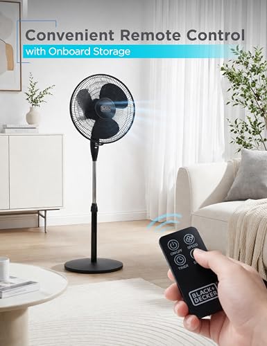 BLACK+DECKER 16-inch Oscillating Pedestal Fan with Remote Control - Black, Adjustable Height & Tilt