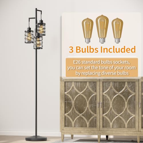 70-Inch Black Industrial Floor Lamp with 3 Dimmable Bulbs & Stepless Brightness