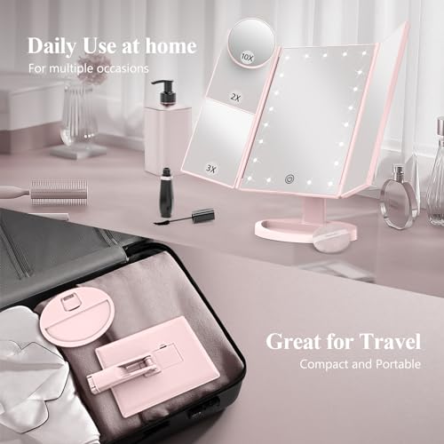 HUONUL Pink 2X/3X/10X Lighted Trifold Makeup Mirror with Adjustable Brightness