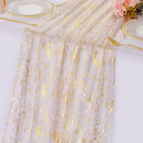 LOMOHOO Gold Gauze Table Runner 10ft - 4pc Glitter Sequin Sheer Runner, 28x120 inches, option: 4 Gold