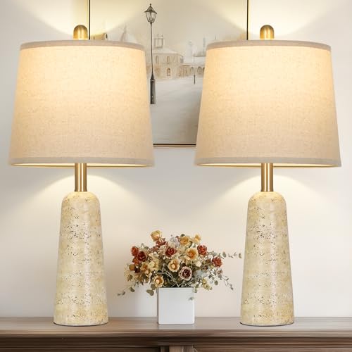 Travertine-Inspired 24-Inch Concrete Bedside Lamp Set of 2 - Beige, Modern Minimalist Nightstand Lamps with LED Bulbs