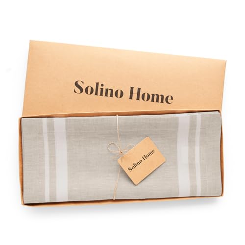 Solino Home 100% Pure Linen Table Runner White & Natural 14 x 108 in French Stripe