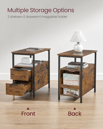 VASAGLE Rustic Brown & Ink Black Side End Table with Charging Station, Narrow Nightstand with Storage - 23.6"D x 11.8"W