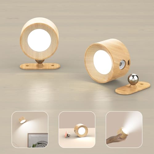 Wood-B 2-Pack Rechargeable LED Wall Lamps with 360° Rotation & Magnetic Mount - Cordless Bedside & Reading Lights