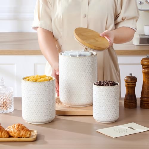 White Ceramic Canisters Set with Airtight Lids - 3 Sizes Coffee Cookie Sugar Storage