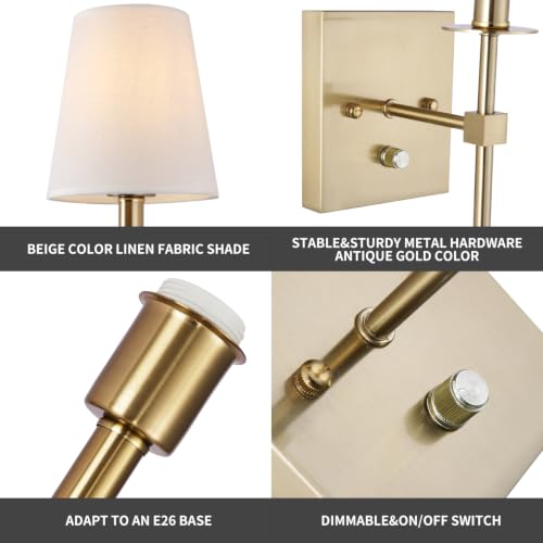 Dimmable Wall Sconces Set of 2 - Gold Modern Bathroom Vanity Lighting Fixtures with On/Off Switch
