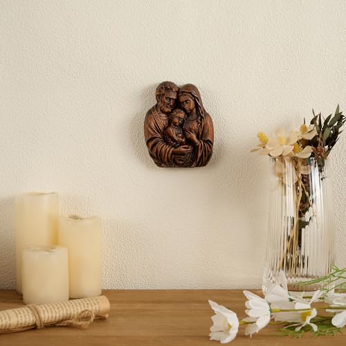 Art Deco Holy Family Wooden Wall Decor - 6 Inch Catholic Religious Statue