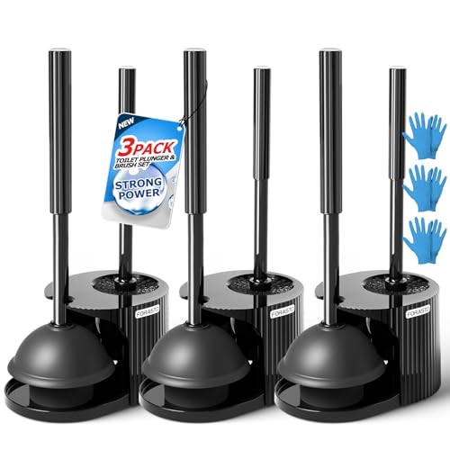Black 3-Pack 2-in-1 Toilet Brush and Plunger Set with Extended Handle
