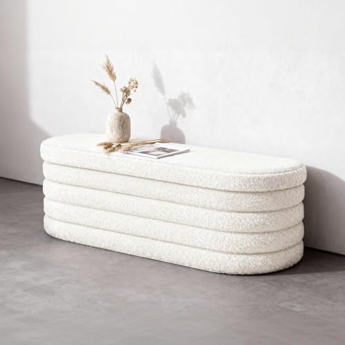 43-Inch White Sherpa Storage Ottoman Bench, Modern Footrest & Seat