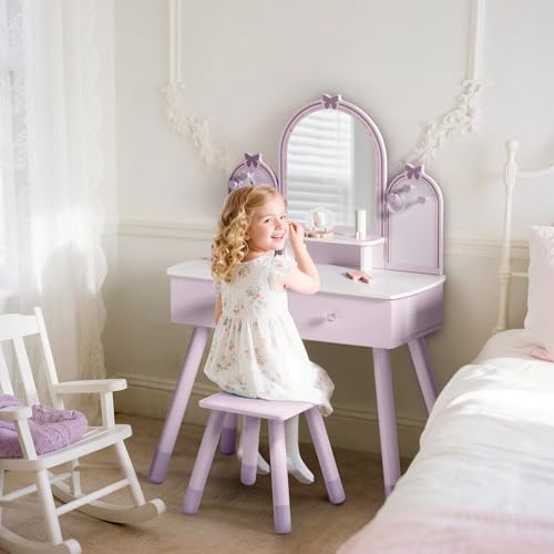 Kids Vanity Table Set with Mirror & Storage - Purple Girls Dress Up Furniture