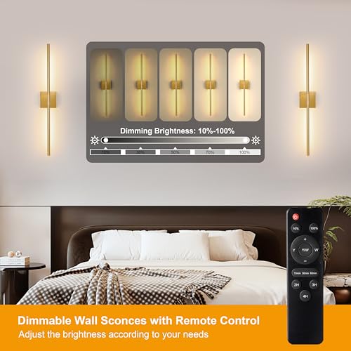 Electroplated Gold Battery Operated Wall Sconce Set of 2 - 24 Inch with Remote - Modern, Dimmable, Adjustable Lighting