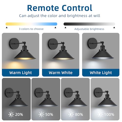 Battery Operated Wall Sconce Set of 2 - Dimmable Indoor Wall Lights with Remote, Black
