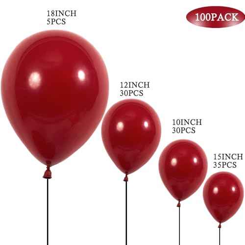 Ruby Red Balloons 100 pcs Dark Red Latex Balloon Different Sizes 18 12 10 5 Inch Premium Helium Balloons for Balloon Garland Arch Birthday Party Wedding Valentine's Day Christmas Decorations