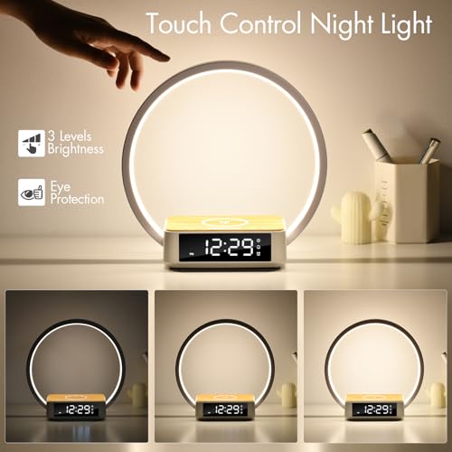 WILIT Bedside Lamp with Alarm Clock & Sunrise Wake-Up Light - Wood Grain Round