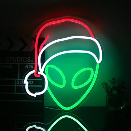 CKTBLEY Christmas Alien Neon Sign with Santa Hat (Red, Green, White) USB LED for Bedroom Decor