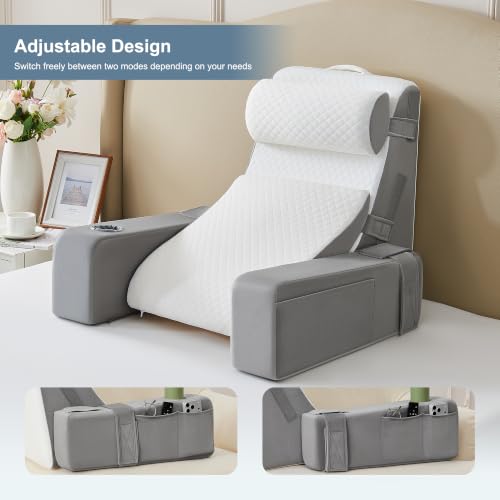 Light Gray Reading Pillow for Bed with Adjustable Armrests & Side Pockets - 5PCS Set