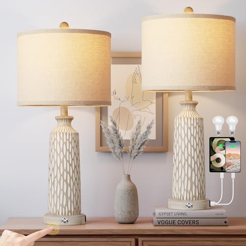 Farmhouse 26-Inch Set of 2 Off-White Lamps with USB Charging, Touch Dimmable