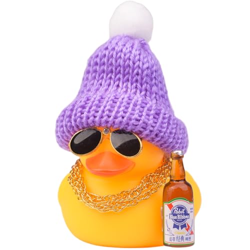MuMyer E6-purple Car Dashboard Rubber Duck Ornament with Knit Hat, Sunglasses & Gold Chains (3in)