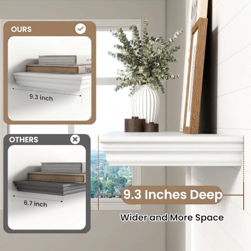 White 36 Inch Floating Shelves Set of 2 with Crown Molding, 9.3" Deep Wall Shelves