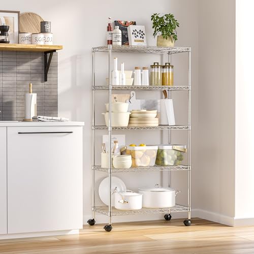 Plated Steel 5-Tier Wire Shelving Unit - 30" W x 14" D x 61.5" H, Adjustable Shelves, Mobile Design
