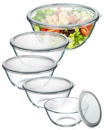 Glass Mixing Bowls with Lids Set of 5 - Transparent - Nesting Kitchen Bowls for Baking Cooking Storage
