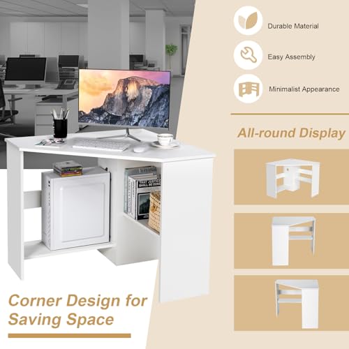 Tangkula White Corner Desk 33.5 x 33.5 x 29 Inches Space-Saving Study Table