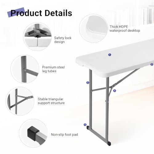 Byliable 6FT Narrow Folding Plastic Table White, Portable & Heavy Duty