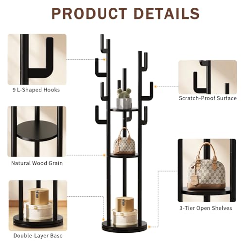 Freestanding Wooden Coat Rack with 9 Hooks & 3 Shelves - Black, 360° Rotating Entryway Organizer