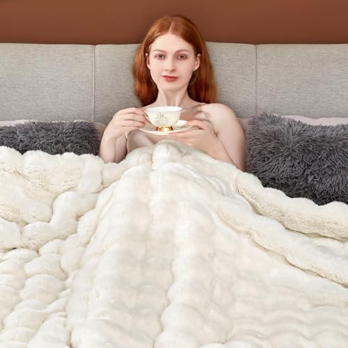 Touchat White Queen 90x90 Faux Fur Blanket - Ultra Soft Cozy Reversible Mink Throw for Couch & Bed