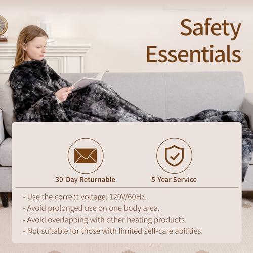 Marble Black Wearable Heated Blanket with Foot Pockets & Sleeves - 50x70+18 Inches, Faux Fur & Sherpa, 6 Heat Levels, Auto-Off, Machine Washable