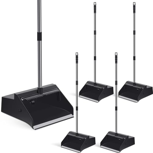 Dust Pan Set with Long Handle - 4 Black Heavy-Duty Plastic Bins & Comb Stand