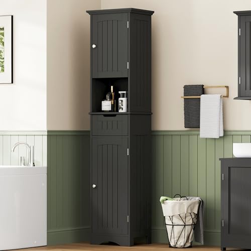 ChooChoo 67-Inch Tall Narrow Bathroom Cabinet with Adjustable Shelves, Black